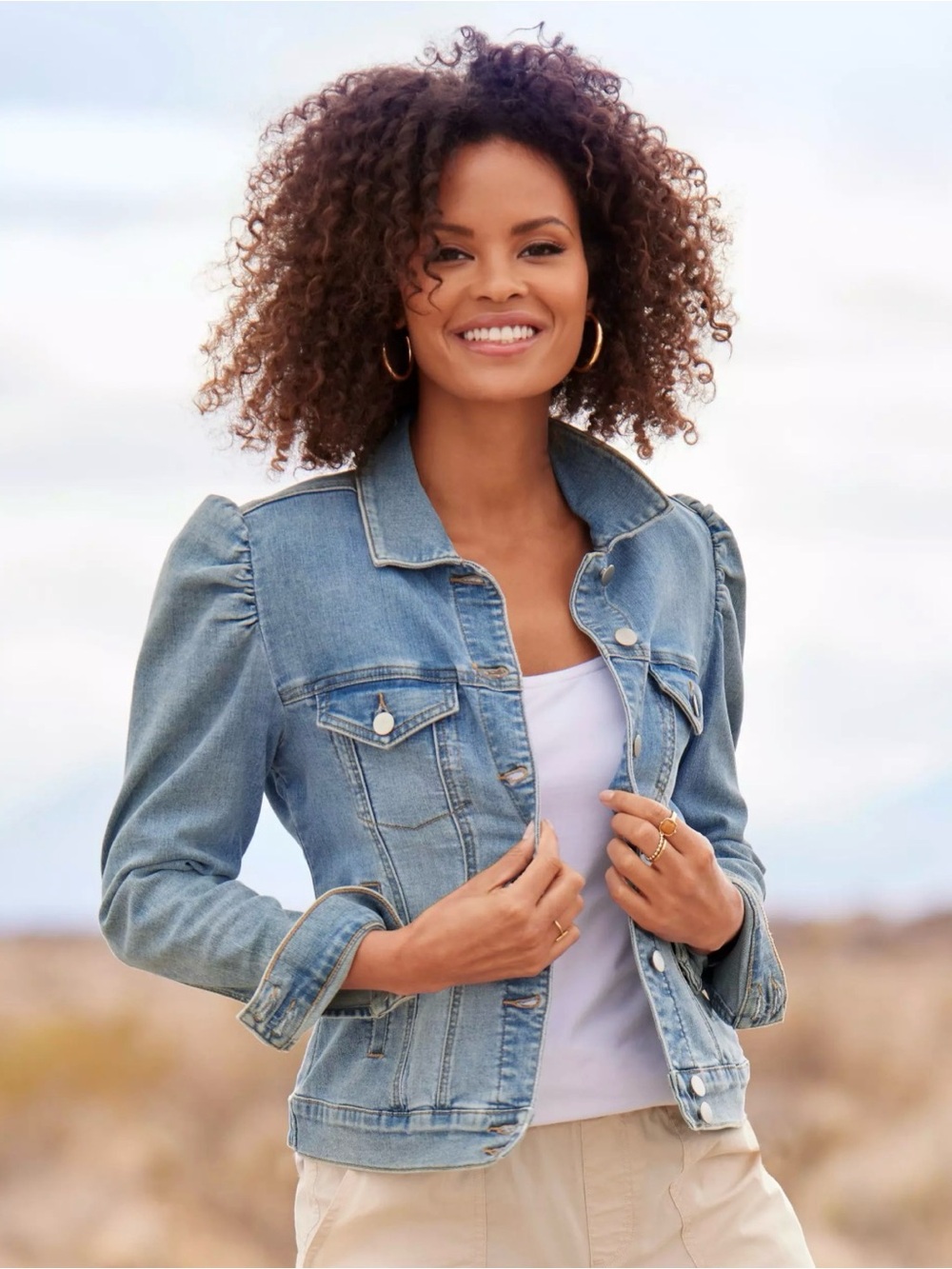Boston Proper Light Blue Denim Jacket with Puff Shoulders